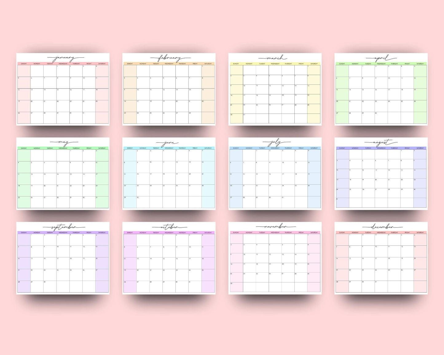 2025 Editable Monthly Calendar w/ Script Font, Giant Wall Calendar, Yearly Calendar, Colorful Printable Calendar, Digital Download