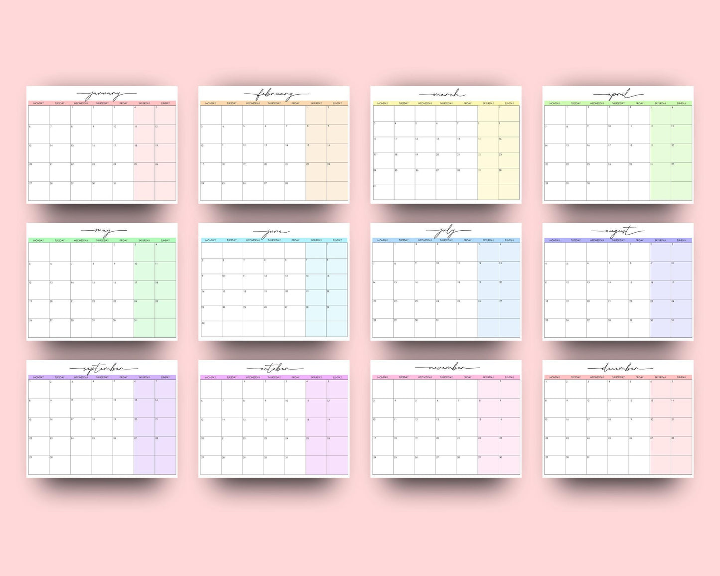 2025 Editable Monthly Calendar w/ Script Font, Giant Wall Calendar, Yearly Calendar, Colorful Printable Calendar, Digital Download