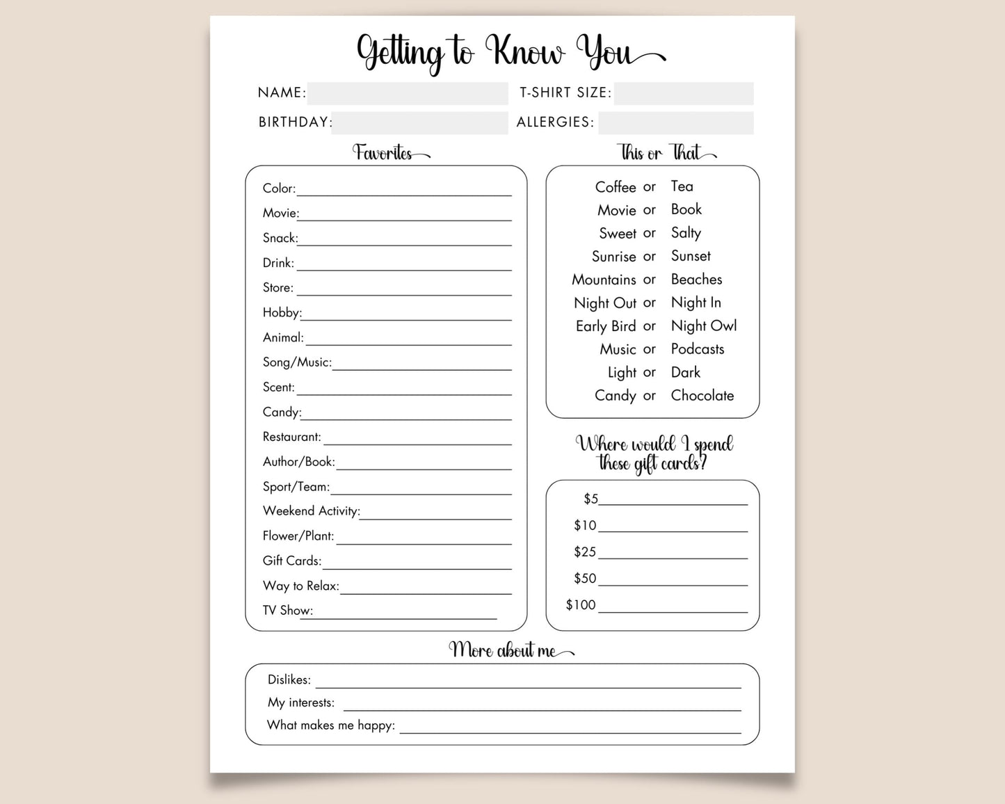 Team Building: Get to Know Your Staff Questionnaire Printable, Getting to Know You, Favorite Things List, Instant Download