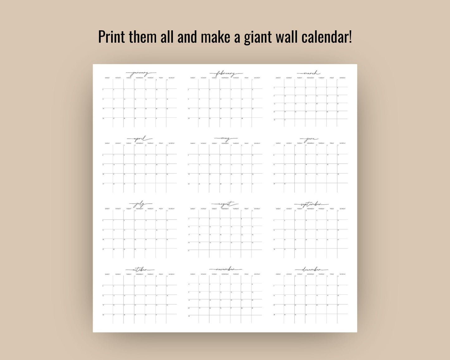 2025 Monthly Wall Calendar w/ Script Font, Minimal Calendar, Printable Calendar, Editable Wall Calendar 2025, Digital Download