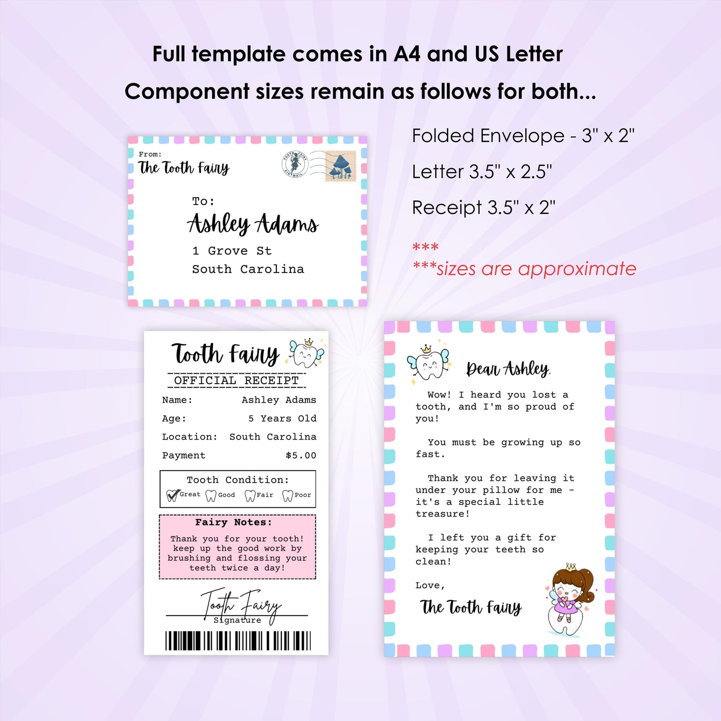 Mini Tooth Fairy Letter w/ Receipt and Envelope for Child w/ First Lost Tooth, Editable, Digital Download