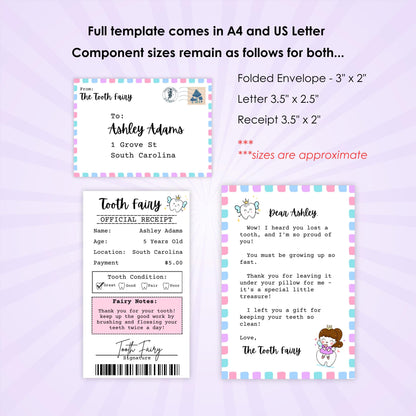 Mini Tooth Fairy Letter w/ Receipt and Envelope for Child w/ First Lost Tooth, Editable, Digital Download