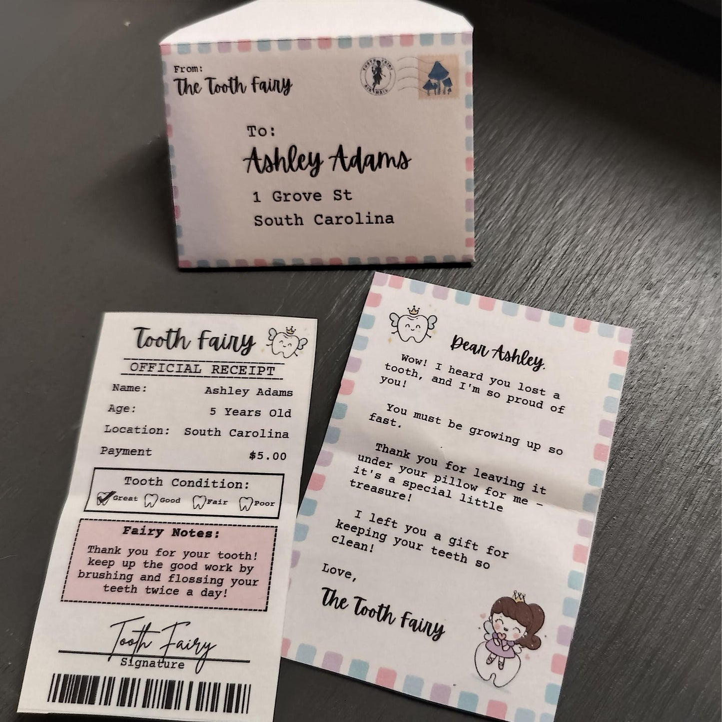 Mini Tooth Fairy Letter w/ Receipt and Envelope for Child w/ First Lost Tooth, Editable, Digital Download