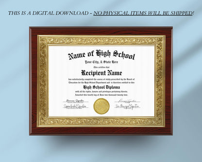 Editable High School Diploma Template, Printable High School Diploma, Certificate Award Keepsake