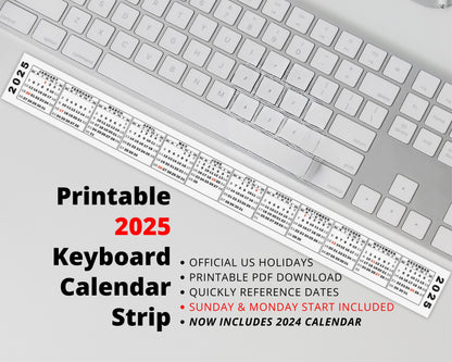 Desktop Calendar Strip, 2025 Mini Calendar, Printable Keyboard Calendar Sticker, 2024 Calendar Included, Sunday & Monday Start