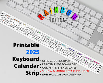 Desktop Calendar Strip, 2025 Mini Calendar, Printable Keyboard Calendar, Miniature Calendar, RAINBOW, Digital Download, Sun & Mon Start