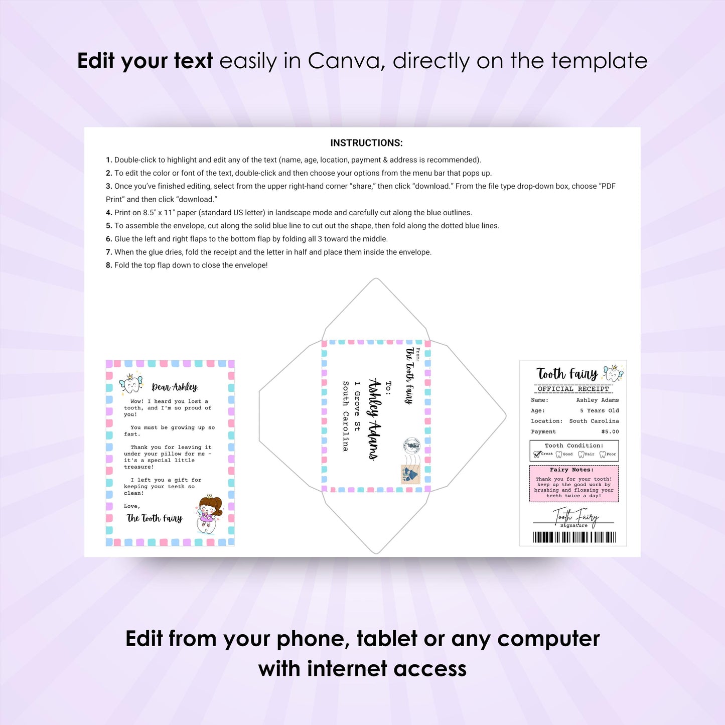 Mini Tooth Fairy Letter w/ Receipt and Envelope for Child w/ First Lost Tooth, Editable, Digital Download