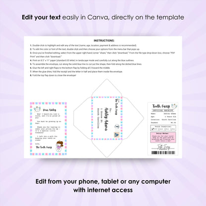 Mini Tooth Fairy Letter w/ Receipt and Envelope for Child w/ First Lost Tooth, Editable, Digital Download