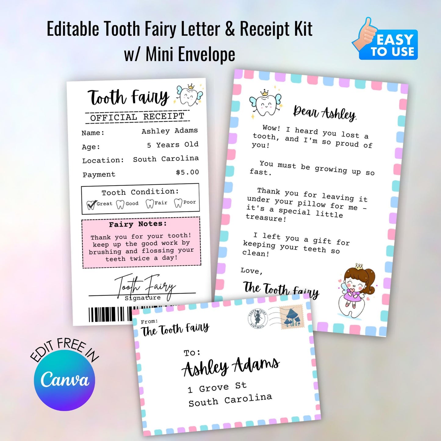 Mini Tooth Fairy Letter w/ Receipt and Envelope for Child w/ First Lost Tooth, Editable, Digital Download