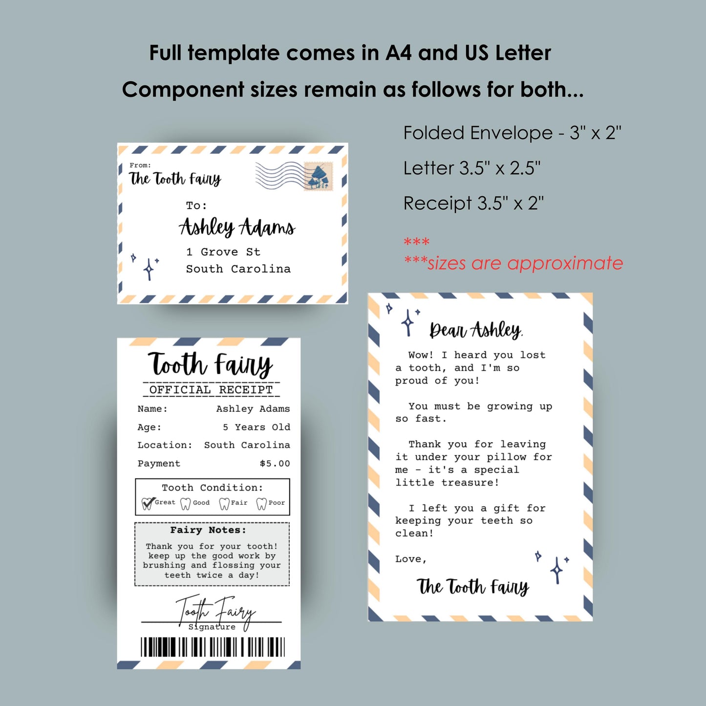 Tooth Fairy Set w/ Receipt and Mini Envelope for Child Who Has Lost First Tooth