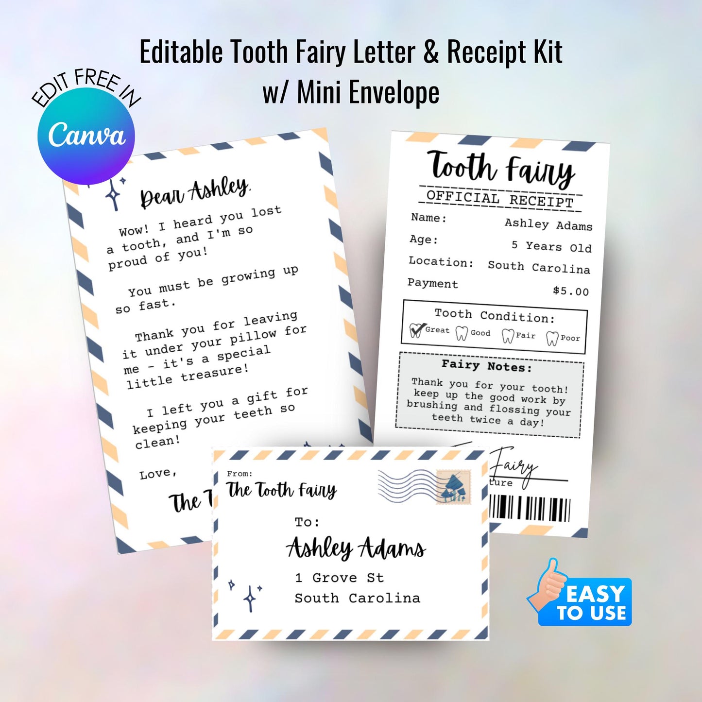 Tooth Fairy Set w/ Receipt and Mini Envelope for Child Who Has Lost First Tooth