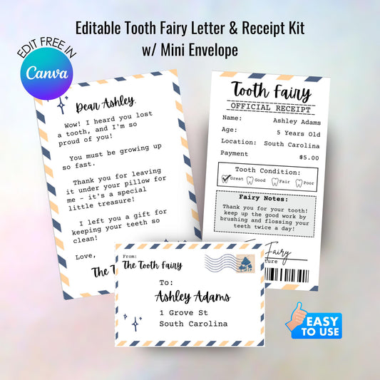 Tooth Fairy Set w/ Receipt and Mini Envelope for Child Who Has Lost First Tooth