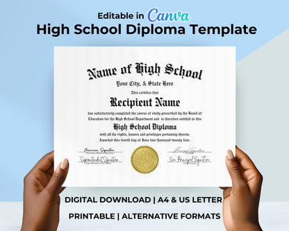 Editable High School Diploma Template, Printable High School Diploma, Certificate Award Keepsake