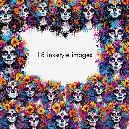 Dia de los Muertos PNG, La Catrina Clipart, Day of the Dead PNG Bundle, Sugar Skull Girls, Cyber Punk Clip Art Bundle