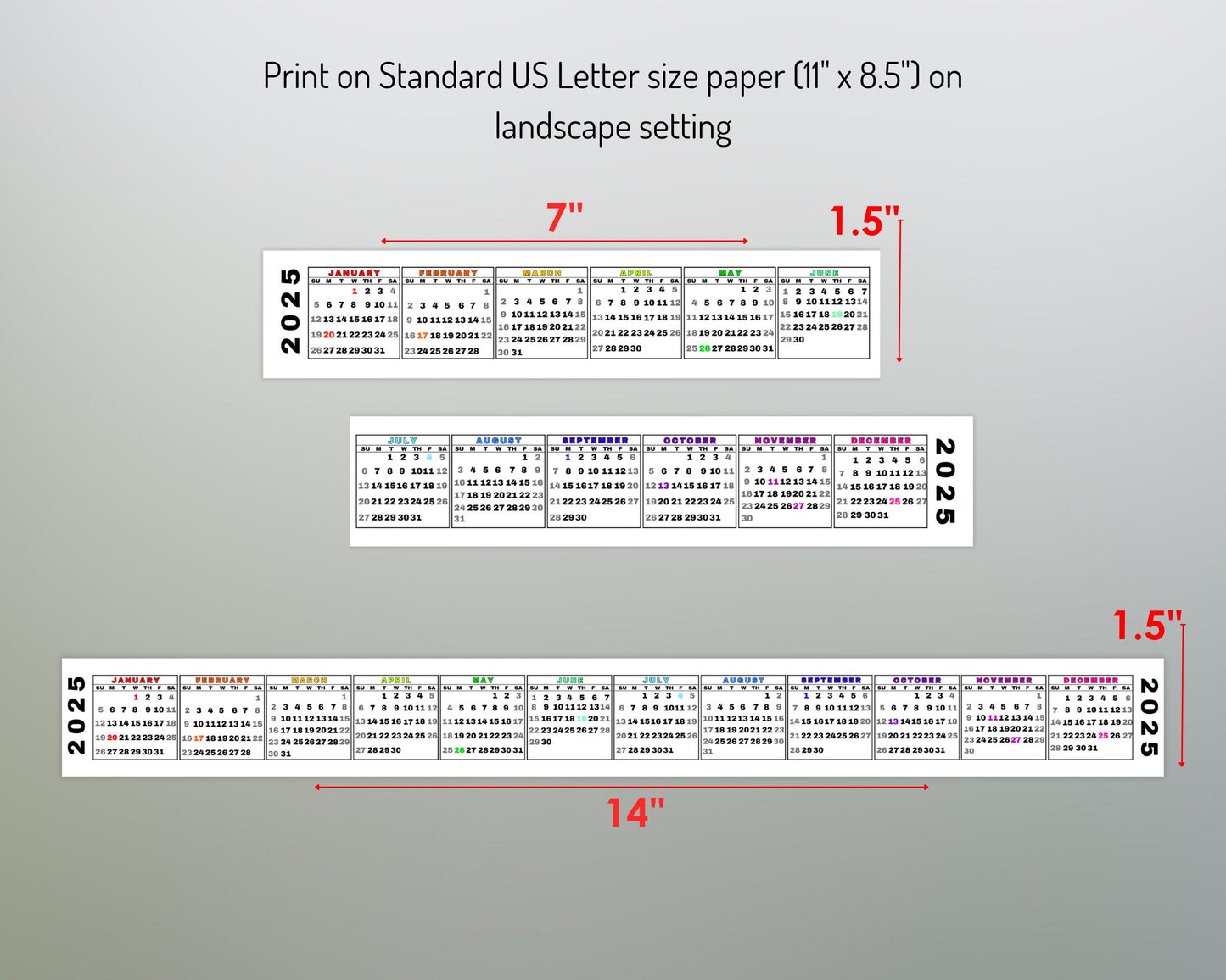 Desktop Calendar Strip, 2025 Mini Calendar, Printable Keyboard Calendar Sticker, 2024 Calendar Included, Sunday & Monday Start