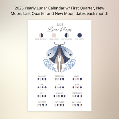 Moon Calendar 2025, Printable Lunar Calendar, Moon Phase Wall Hanging, 2025 Lunar Calendar, Instant Download