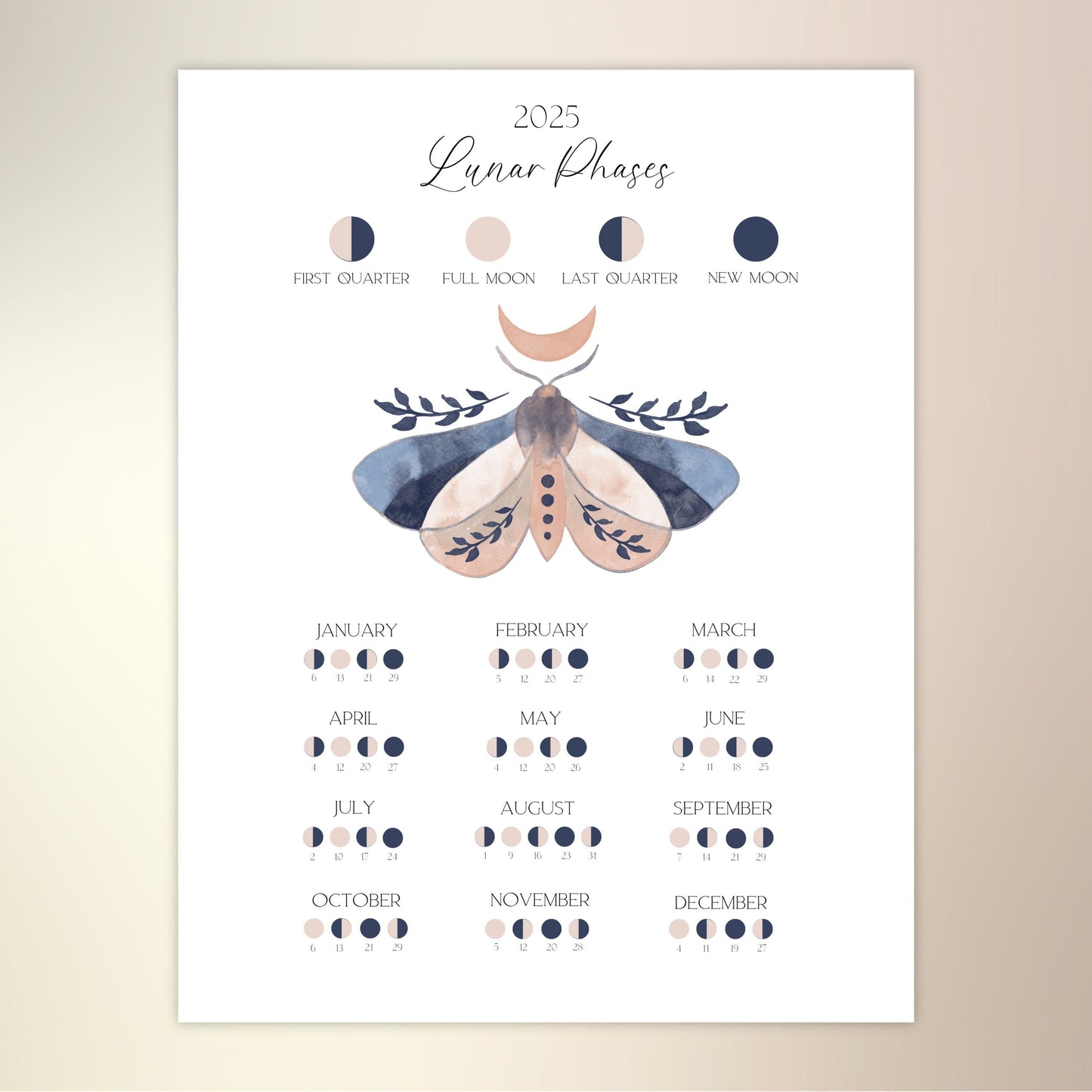 Moon Calendar 2025, Printable Lunar Calendar, Moon Phase Wall Hanging, 2025 Lunar Calendar, Instant Download