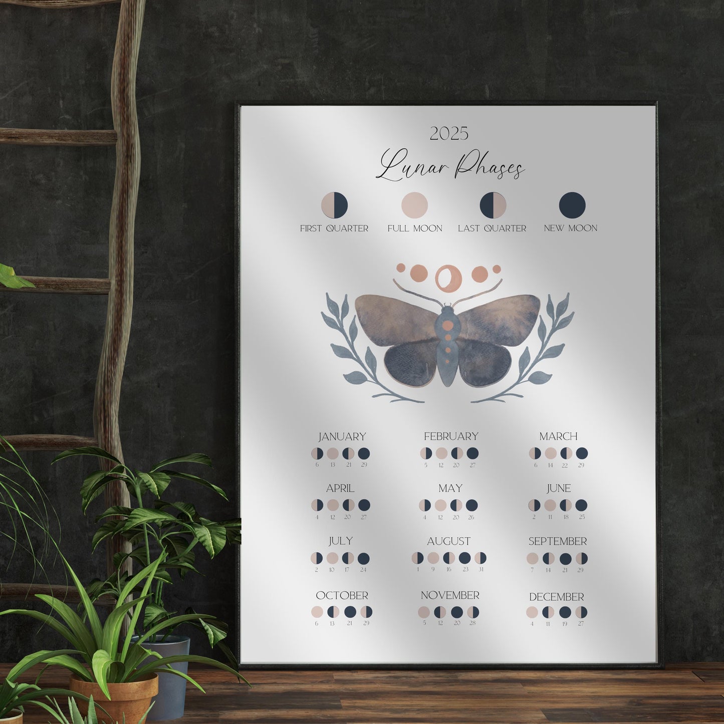 Moon Calendar 2025, Printable Lunar Calendar, Moon Phase Wall Hanging, 2025 Lunar Calendar, Instant Download