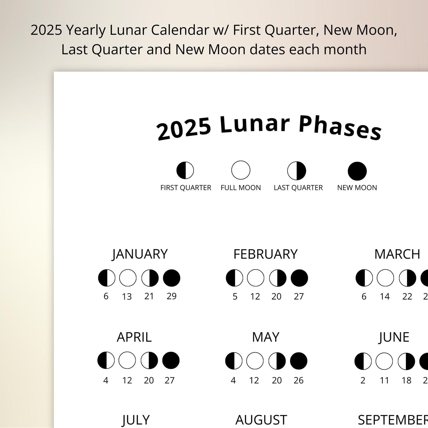 Year 2025 Moon Calendar: Track Lunar Phases with a Printable Wall Hanging