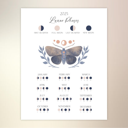 Moon Calendar 2025, Printable Lunar Calendar, Moon Phase Wall Hanging, 2025 Lunar Calendar, Instant Download