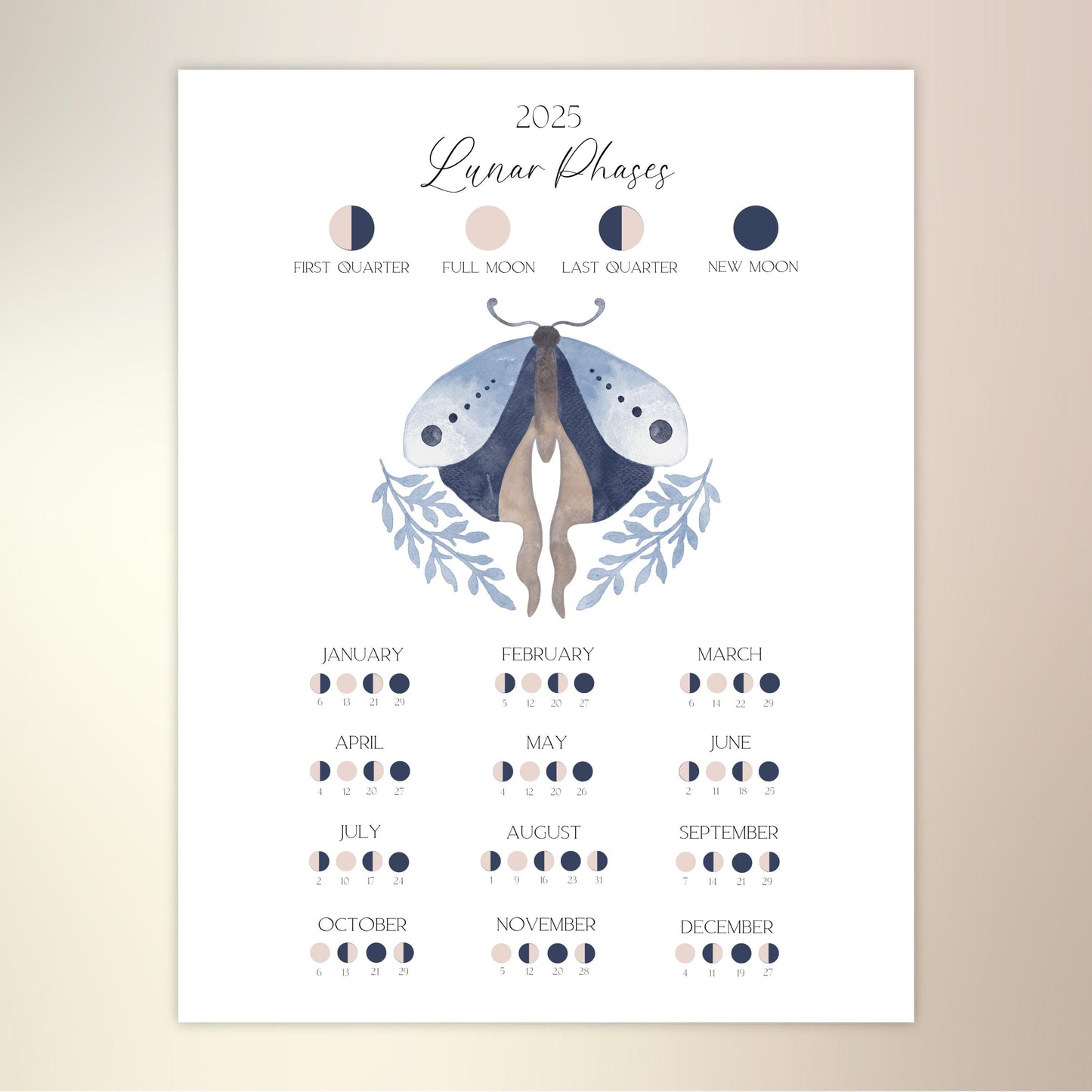 Moon Calendar 2025, Printable Lunar Calendar, Moon Phase Wall Hanging, 2025 Lunar Calendar, Instant Download