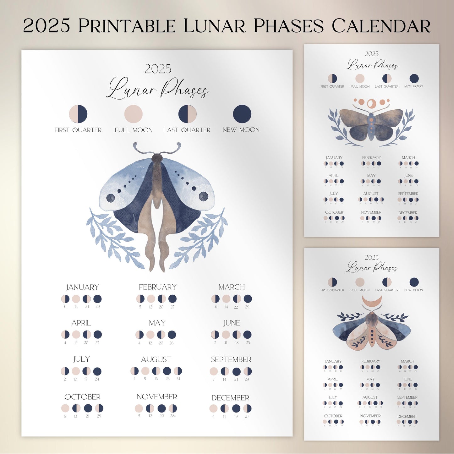 Moon Calendar 2025, Printable Lunar Calendar, Moon Phase Wall Hanging, 2025 Lunar Calendar, Instant Download