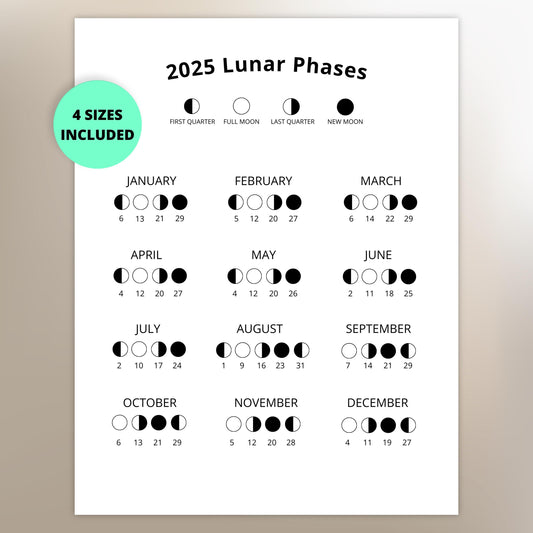 Year 2025 Moon Calendar: Track Lunar Phases with a Printable Wall Hanging