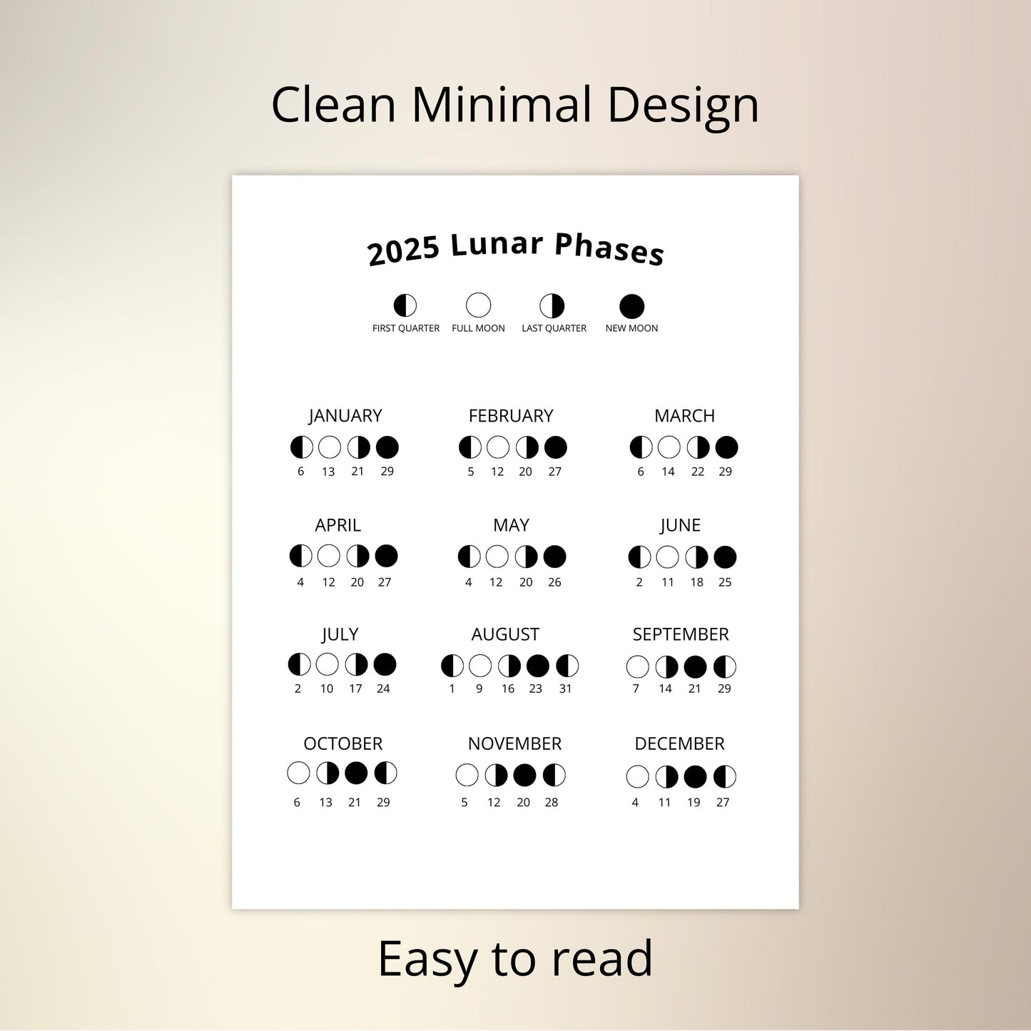 Year 2025 Moon Calendar: Track Lunar Phases with a Printable Wall Hanging